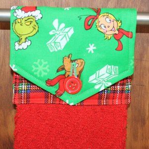 THE GRINCH PRINT RED & GREEN HANDMADE HANGING KITCHEN TOWEL RED COTTON TOWEL